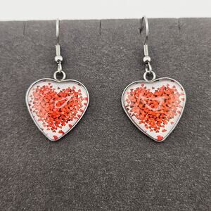 Silver Tone Confetti Heart Hook Earrings Red Dangle Drop Whimsical Love Cutesy